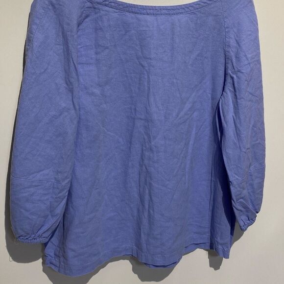 Loft Women's Blue V-Back Linen Blend Balloon Sleeve Pullover Blouse Size LP - Picture 2 of 9